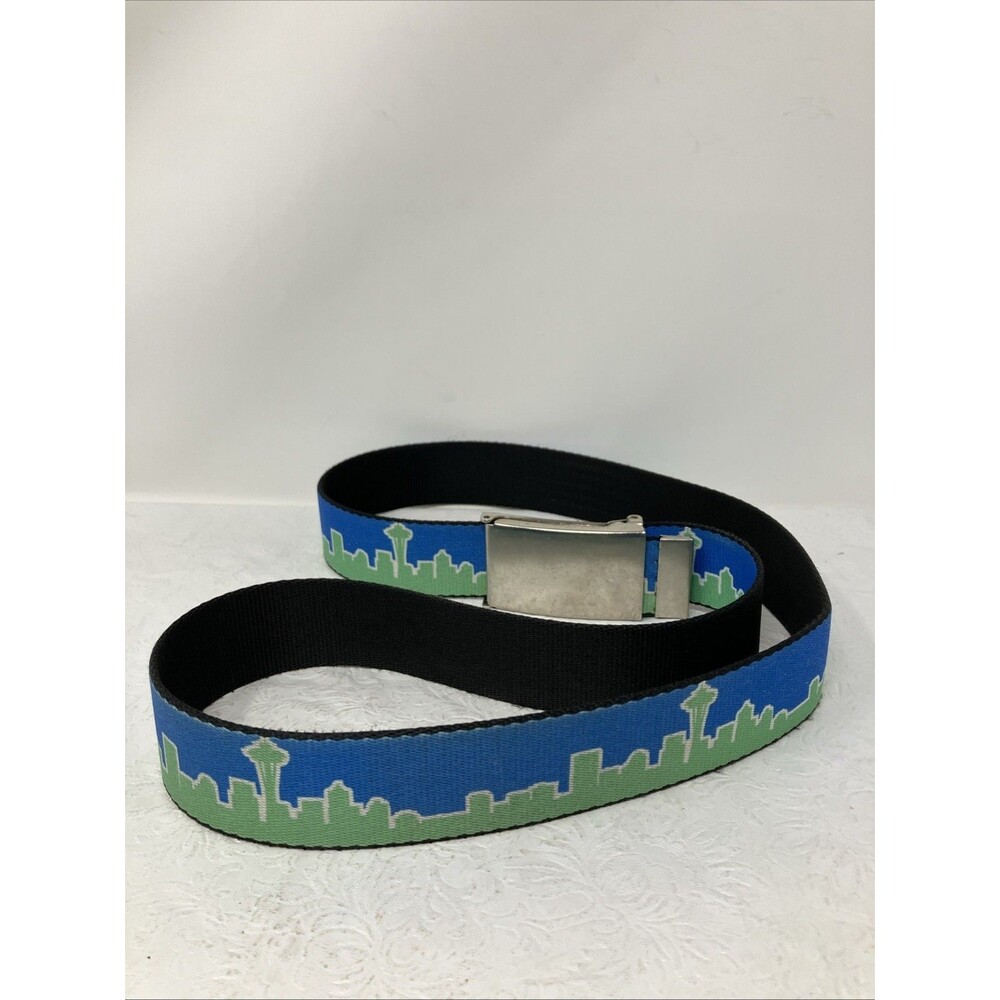 Vtg Seattle Skyline Belt Blue Green Seatbelt Style w Buckle Adjustable One Size